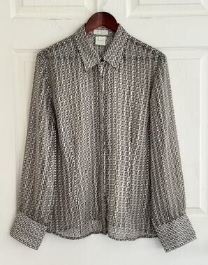 FDJ French Dressing Womens Blouse Black Gray Tan Geometric Size 16 Semi Sheer